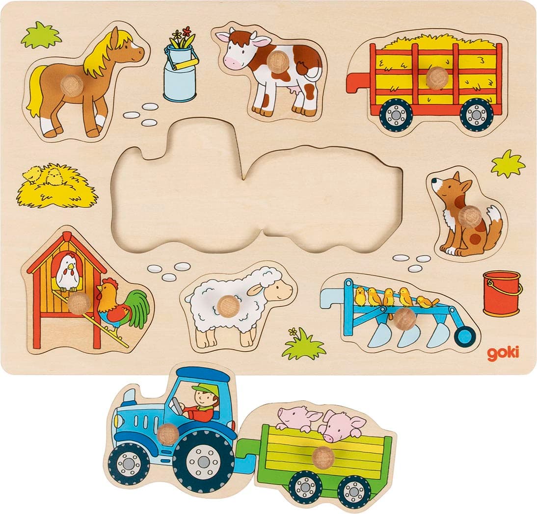 Puzzle din lemn - Tractor with Trailers | Goki