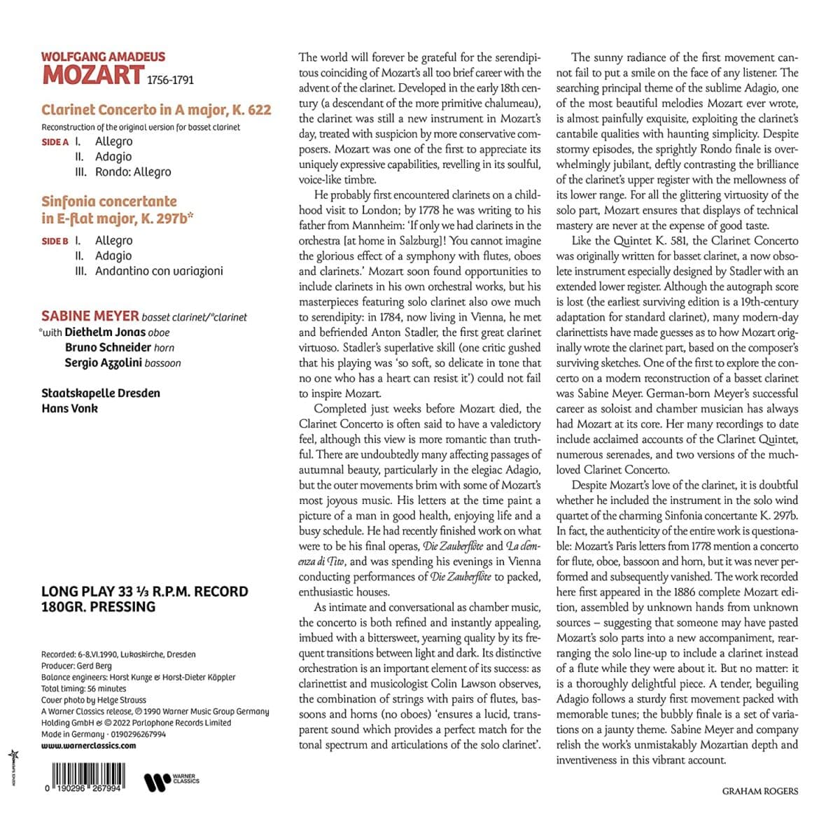 Mozart: Clarinet Concerto K. 622 / Sinfonia Concertante K. 297b - Vinyl | Wolfgang Amadeus Mozart, Sabine Meyer, Hans Vonk