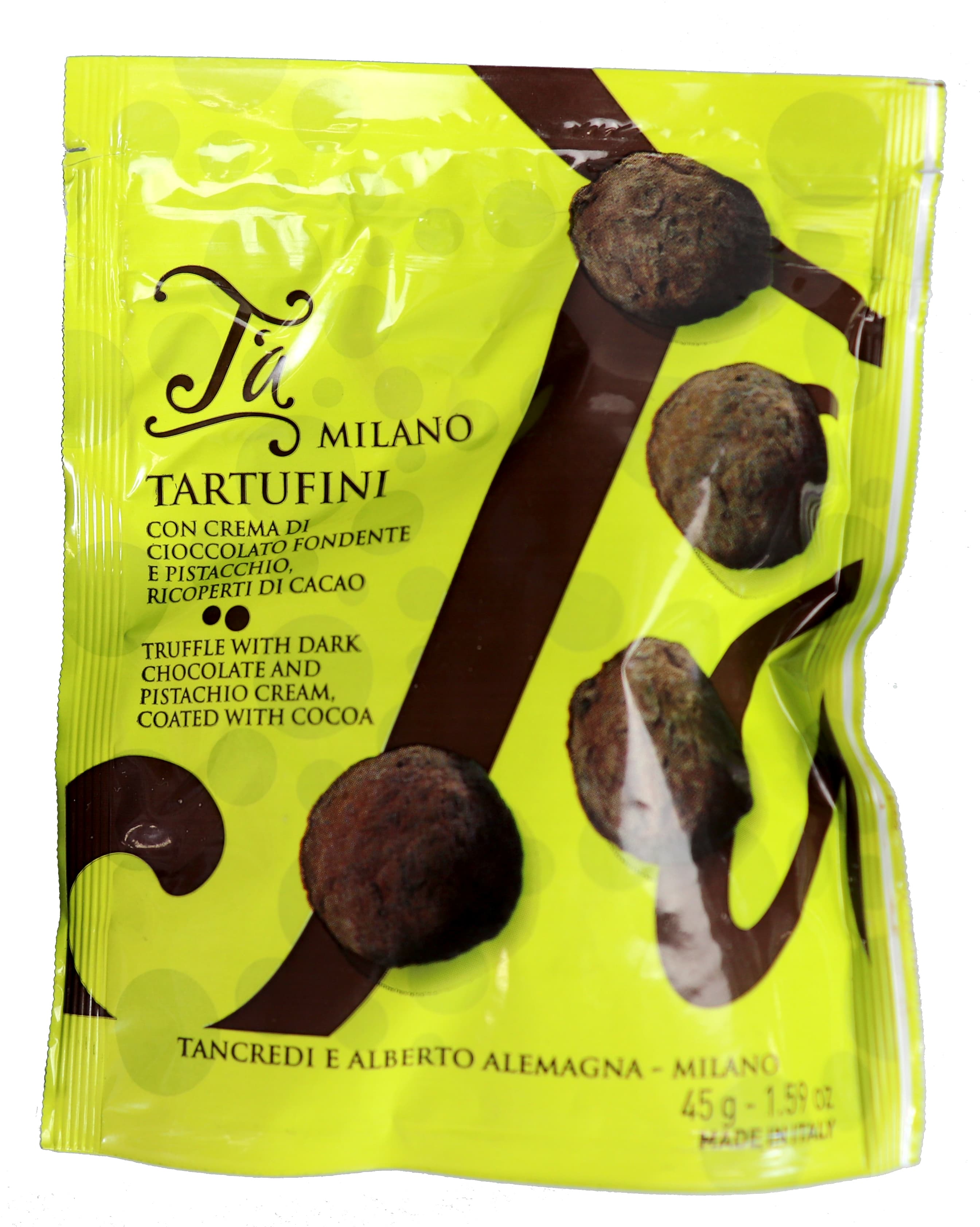 Tartufini cu crema de ciocolata fondata, crema de fistic si zahar pudra | T'a Milano