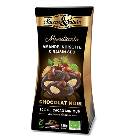 Praline cu ciocolata neagra BIO - Ballotin mendiants noir 125g Bio | Saveurs et Nature