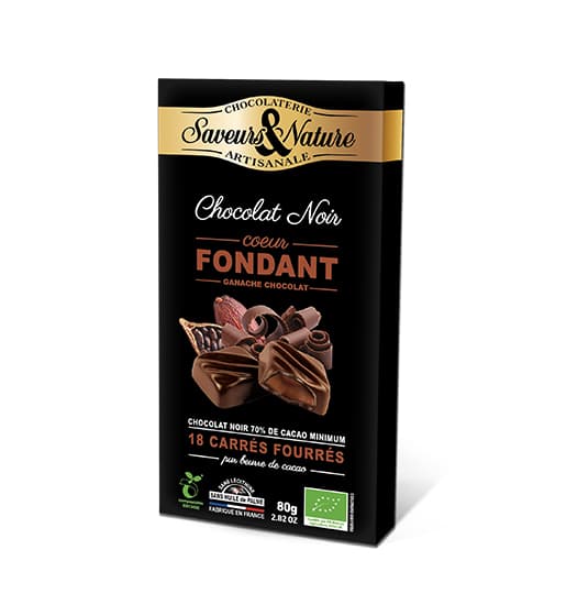 Praline cu umplutura de cioocolata neagra 70% BIO - Carres fourres coeur fondant noir 70% | Saveurs et Nature
