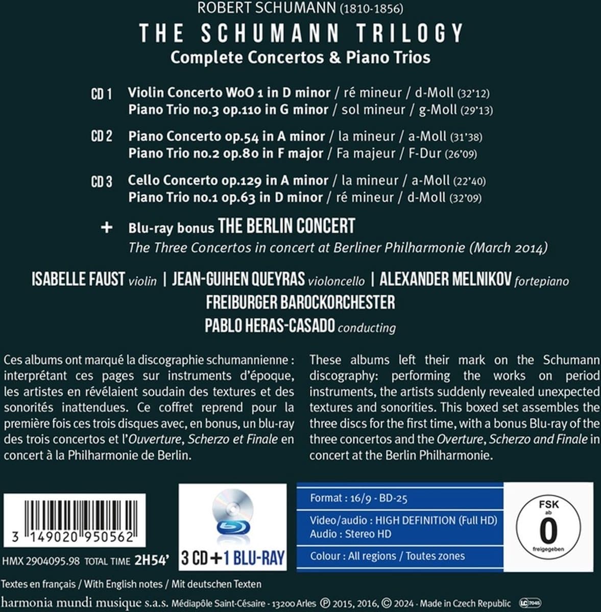 The Schumann Trilogy. Complete Concertos & Piano Trios | Isabelle Faust, Freiburger Barockorchester, Alexander Melnikov, Jean-Guihen Queyras