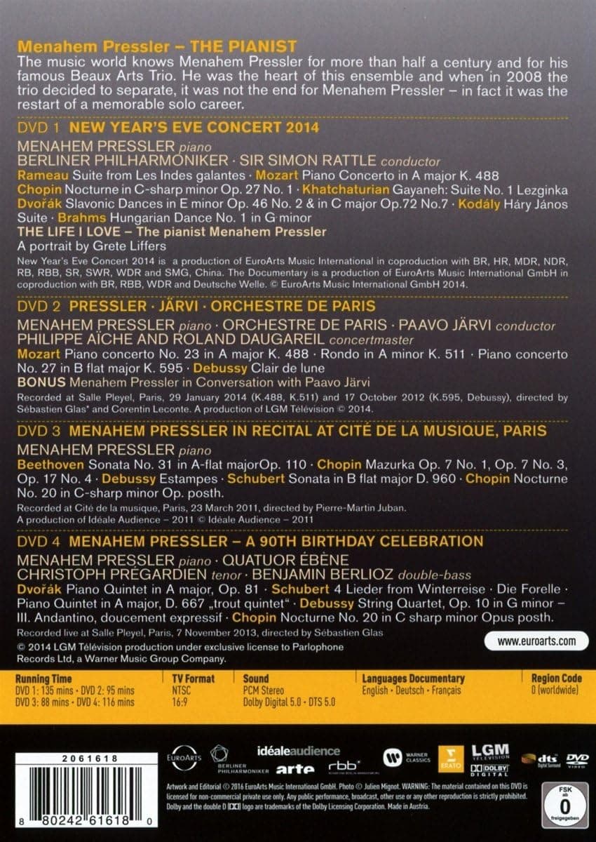 Menahem Pressler - The Pianist (4xDVD) | Menahem Pressler, Christoph Pregardien, Berliner Philharmoniker, Orchestre de Paris, Quatuor Ebene, Simon Rattle, Paavo Jarvi