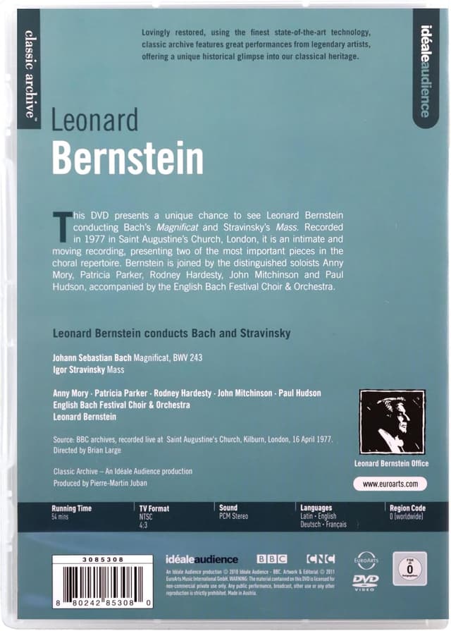 Leonard Bernstein conducts Bach & Strawinsky (DVD) | Anny Mory, Patricia Parker, Rodney Hardesty, John Mitchinson, Paul Hudson, English Bach Festival Choir & Orchestra, Leonard Bernstein