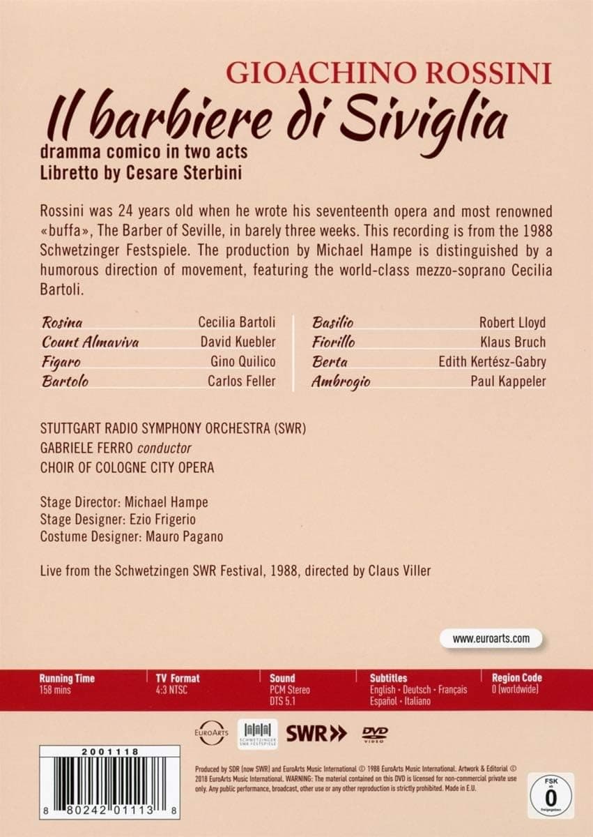 Rossini: Il Barbiere Di Siviglia (DVD) | Cecilia Bartoli, David Kuebler, Gino Quilico, Carlos Feller, Stuttgart Radio Symphony Orchestra, Gabriele Ferro