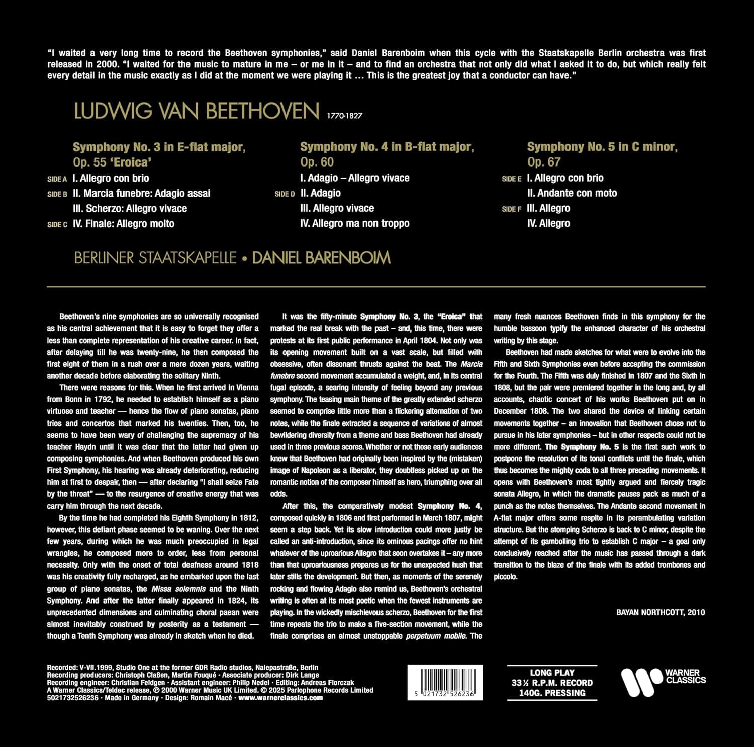 Beethoven: Symphonies 3, 4 & 5 - Vinyl | Staatskapelle Berlin, Daniel Barenboim