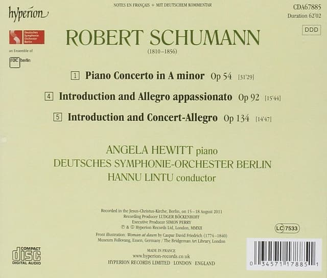 Schumann: Piano Concerto / Introduction And Allegro Appassionato / Introduction And Concert-Allegro | Angela Hewitt, Deutsches Symphonie-Orchester Berlin, Hannu Lintu