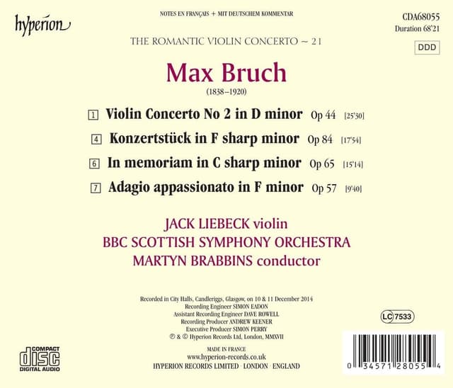 Bruch: Violin Concerto No 2, Op 44 / Adagio Appassionato, Op 57 / In Memorian, Op 65 / Konzertstuck, Op 84 | Jack Liebeck, BBC Scottish Symphony Orchestra, Martyn Brabbins