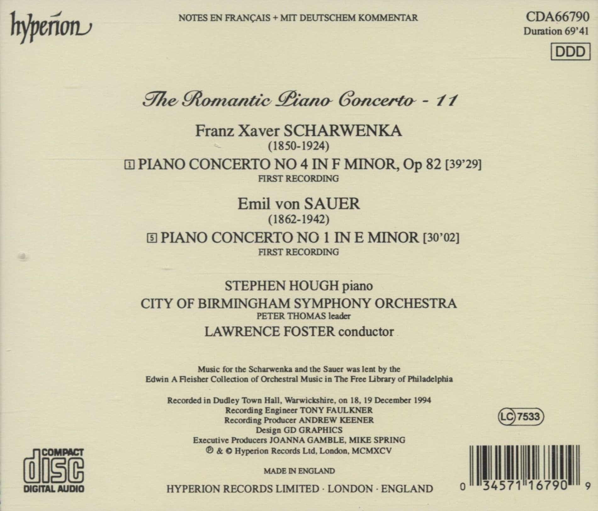 Scharwenka: Piano Concerto No 4 In F Minor / Sauer: Piano Concerto No 1 In E Minor | City of Birmingham Symphony Orchestra, Stephen Hough, Lawrence Foster
