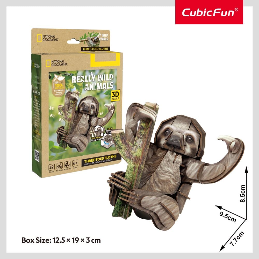 Puzzle 3D - National Geographic Animale Salbatice - Lenes cu trei degete, 52 piese | CubicFun