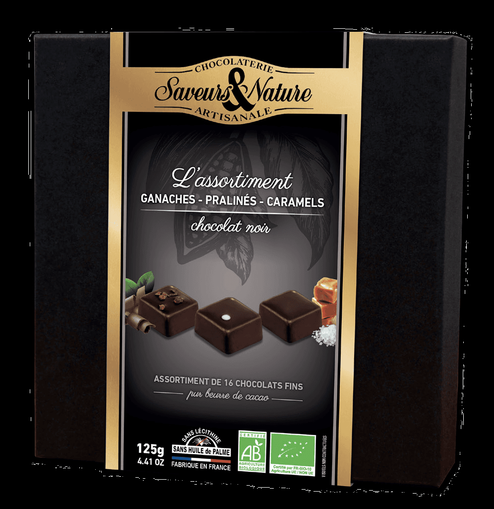 Cutie cu 16 bomboane cu ganache de ciocolata neagra BIO- Coffret 16 ganaches noir  | Saveurs et Nature