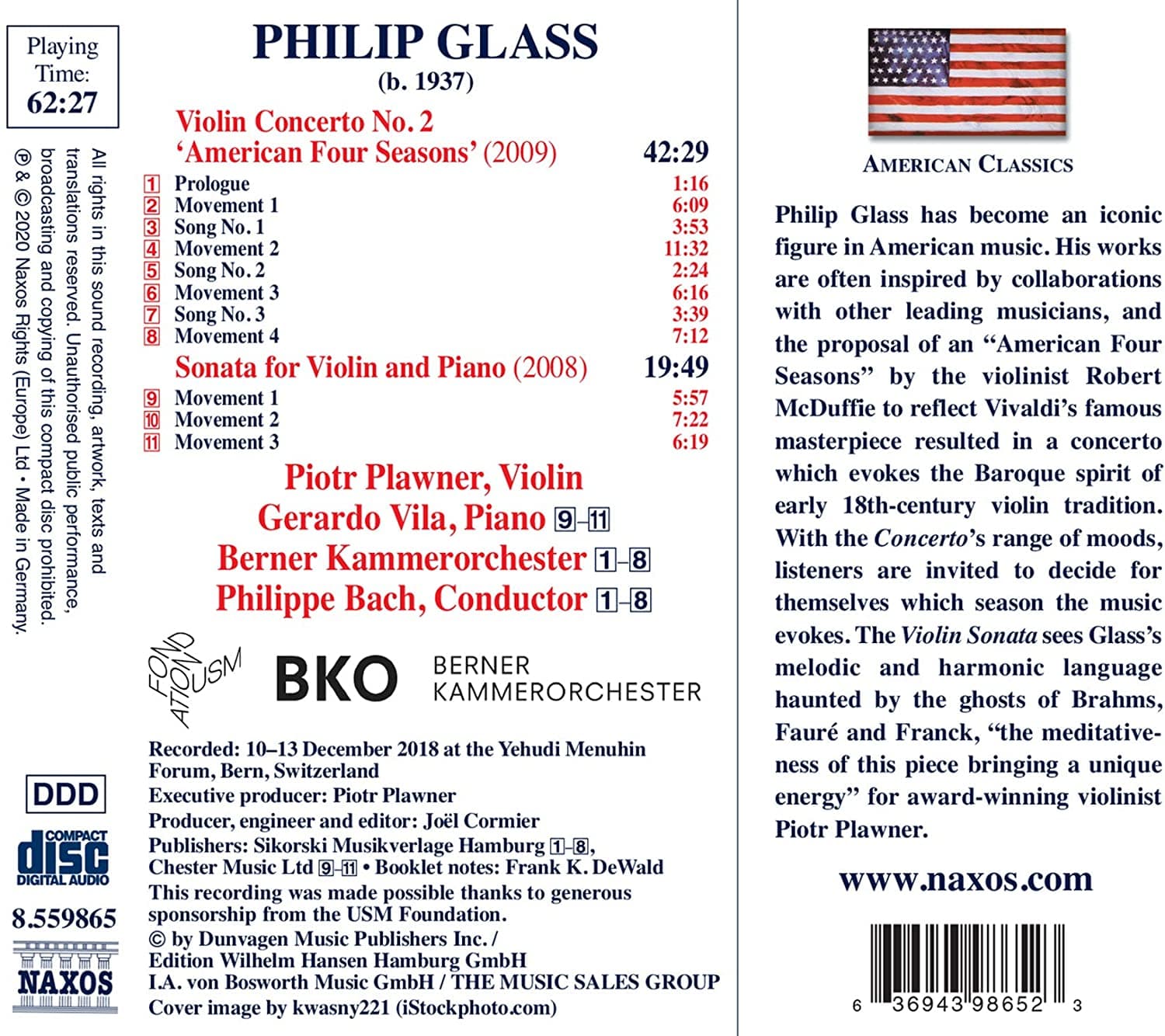 Philip Glass: Violin Concerto No.2 'American Four Seasons' / Sonata for Violin and Piano | Piotr Plawner, Gerardo Vila, Berner Kammerorchester, Philippe Bach