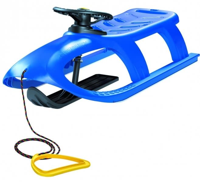 Sanie Bullet Control, albastra, copii si adulti, cu volan pentru controlul directiei, sina alunecare din otel, 102.5x40x45cm