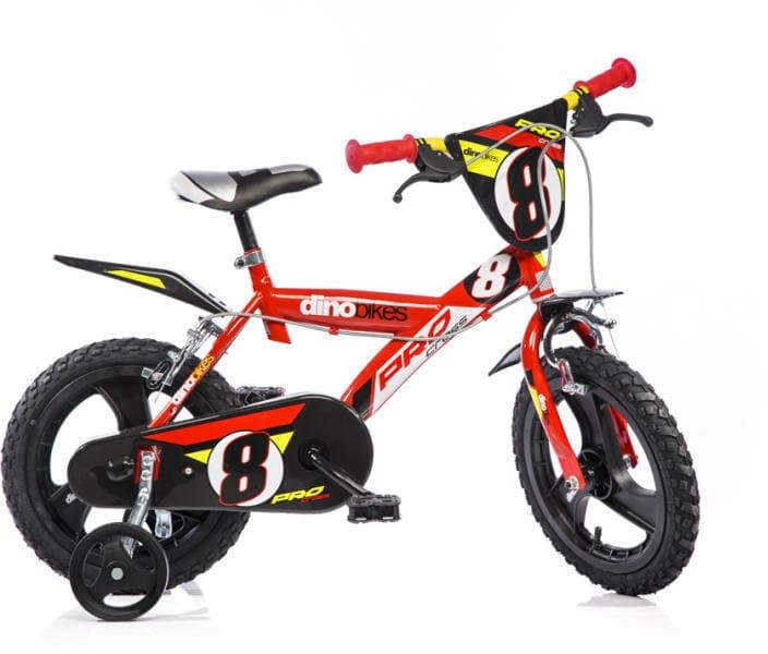 Bicicleta copii Dino Bikes 143 GLN diametru 14 inch, 4-7 ani, inaltimea recomandata 95-115 cm, roti ajutatoare, aparatoare lant, frana pe ambele roti