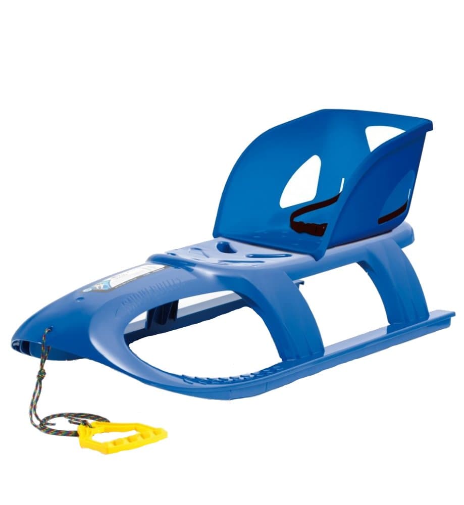 Sanie Bullet cu scaun ergonomic pentru copii, albastra, centura de siguranta, sina alunecare din otel, 102.5x40x23cm