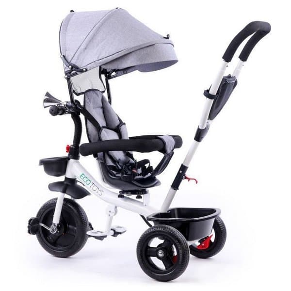 Tricicleta pentru copii Ecotoys Gri pentru copiii intre 6 luni, cu sezut reversibil, roti din spuma eva,spatar cu husa moale si centura de siguranta in 5 puncte