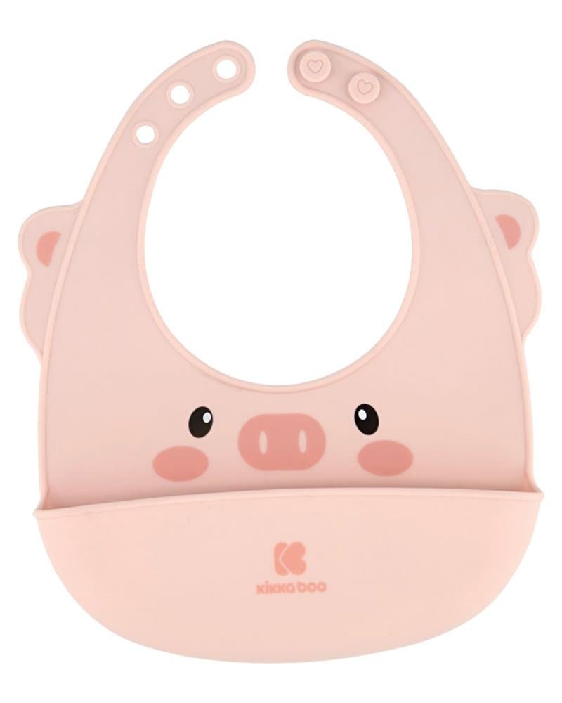 Baveta pentru bebelusi KikkaBoo Pink din silicon,cu buzunar pentru resturi alimentare,inchidere reglabila,fara BPA