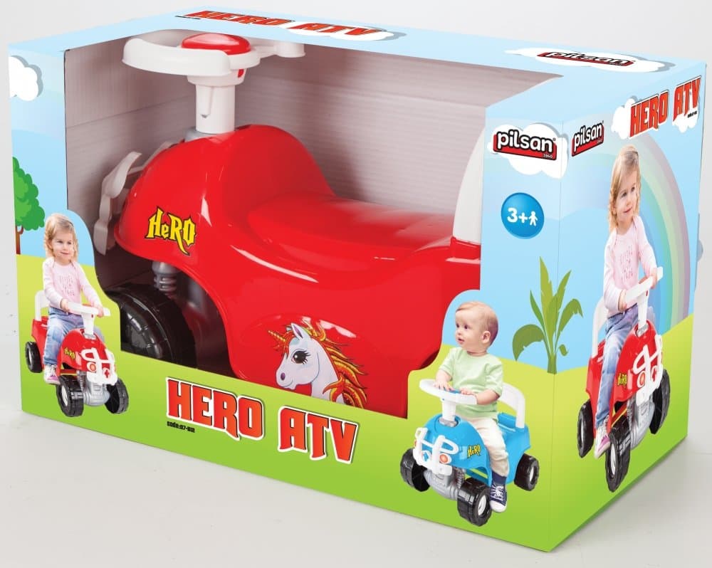 Masinuta Ride-On Pilsan Hero ATV rosie, actionata cu picioarele, claxon, spatar detasabil, greutate maxima admisa 35 Kg
