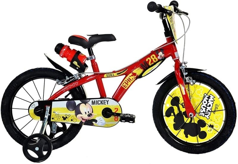 Bicicleta copii Dino Bikes 614MY Mickey Mouse 14 inch, varsta 4-7 ani, inaltimea 95-115 cm, roti ajutatoare, scaun si ghidon ajustabile, frana pe ambele roti, recipient pentru apa