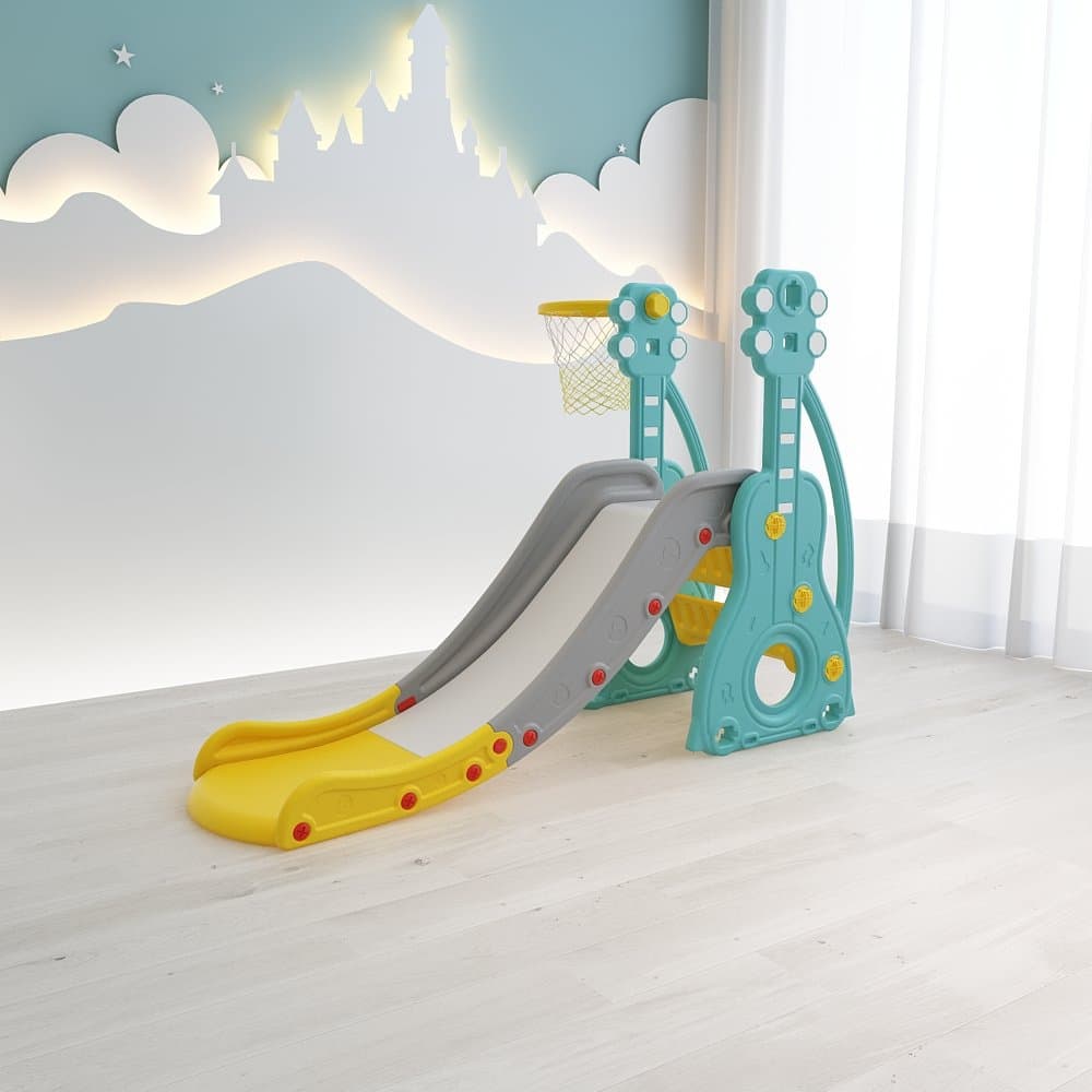 Tobogan Nichiduta Garden Musical 2 in 1 cu cos de baschet cu structura solida, margini rotunjite, trepte late si manere