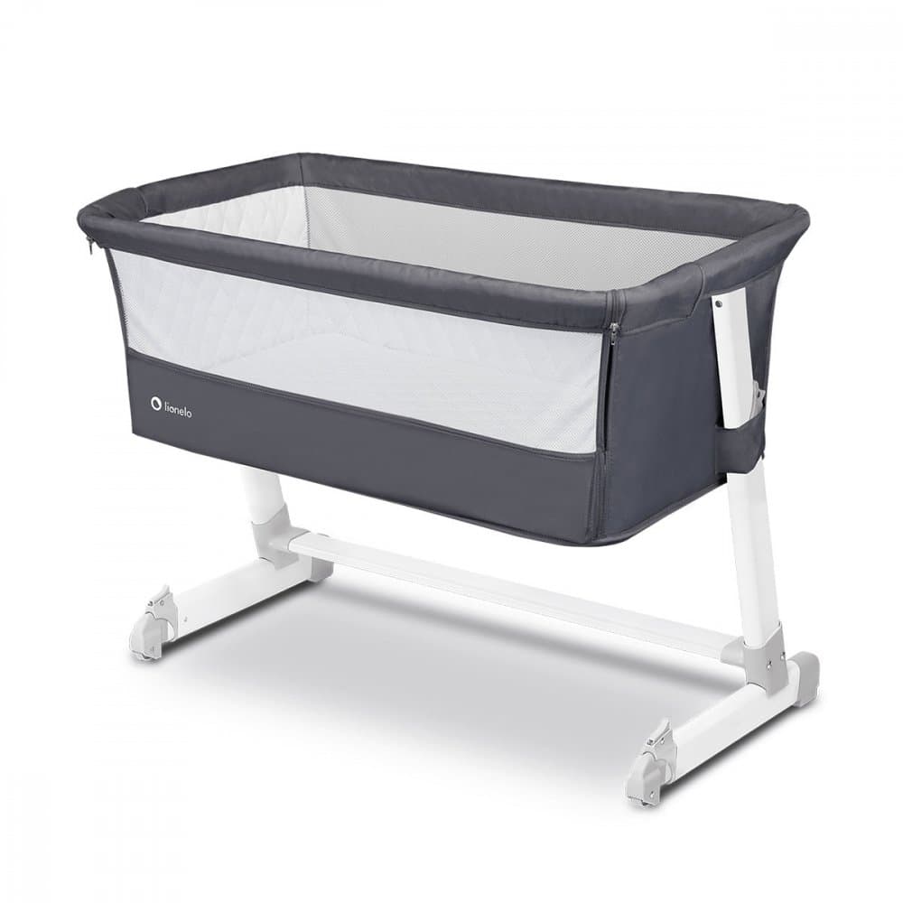 Patut co-sleeper Theo Dark Grey Lionelo 2 in 1 cu setare unghiulara, reglabil pe inaltime, laterala culisanta, standard European EN 1130