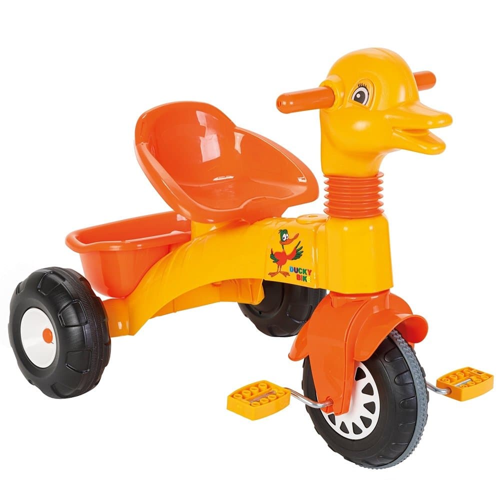 Tricicleta pentru copii Pilsan Duck Yellow cu pedale, cosulet pentru jucarii, sezut cu spatar, greutate admisa 35 kg