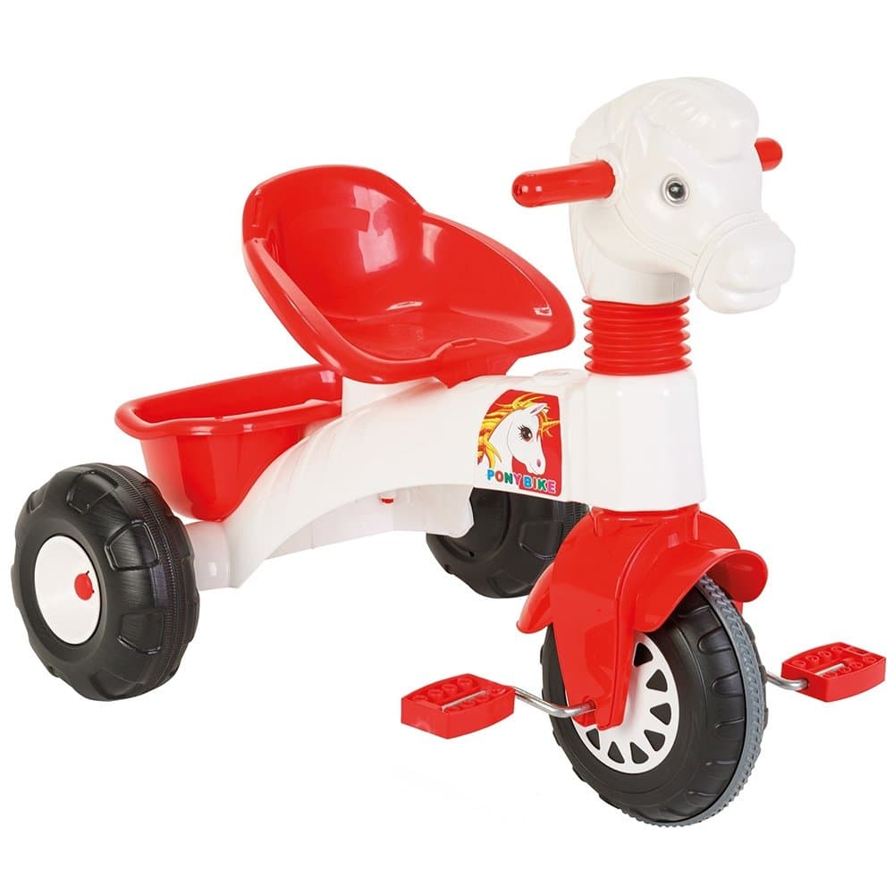 Tricicleta pentru copii Pilsan Pony White cu pedale, cosulet pentru jucarii, sezut cu spatar, greutate admisa 35 kg