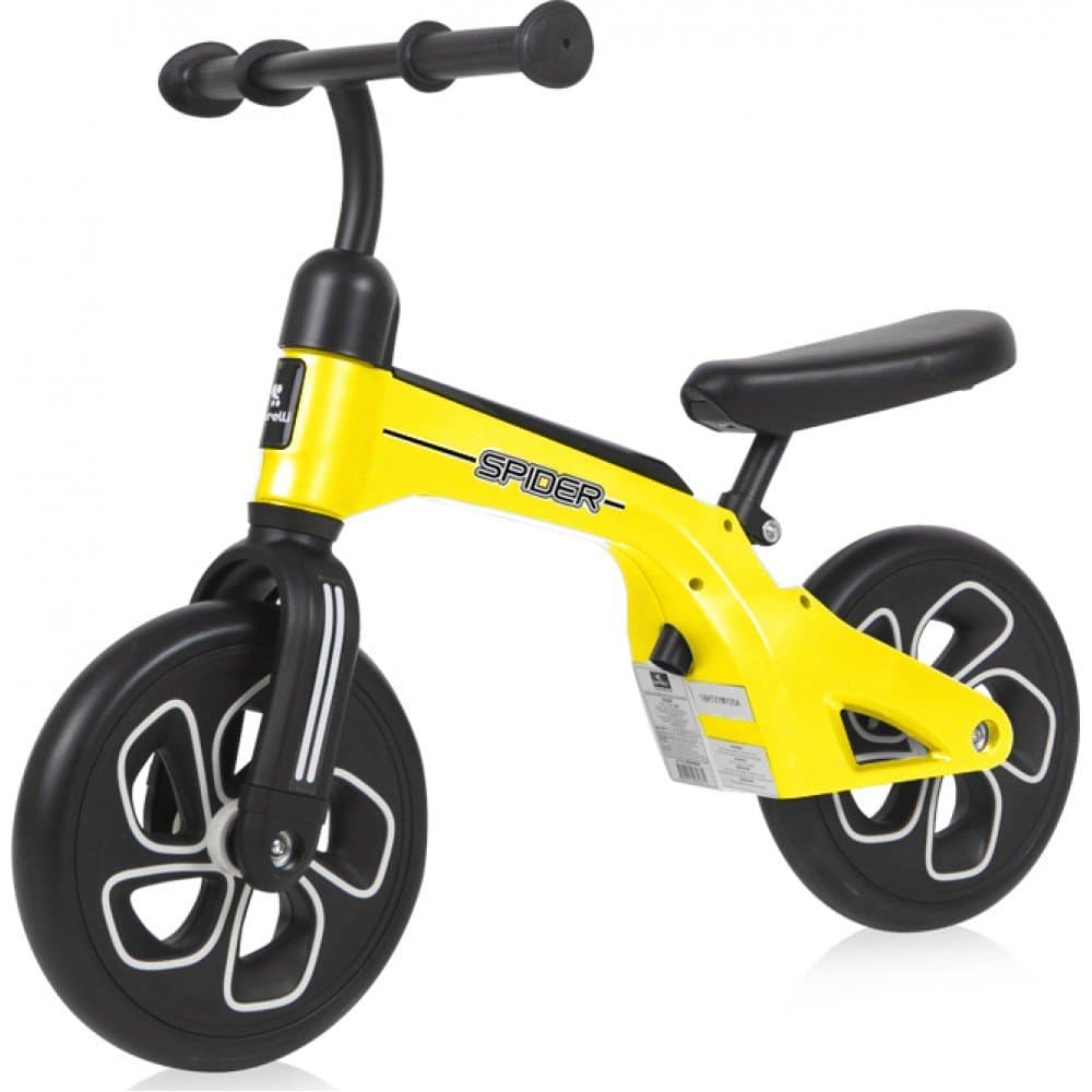Bicicleta copii fara pedale Lorelli Spider Yellow, cadru usor din aluminiu, ghidon reglabil, scaun ajustabil pe inaltime de la 29 cm la 34 cm fata de sol