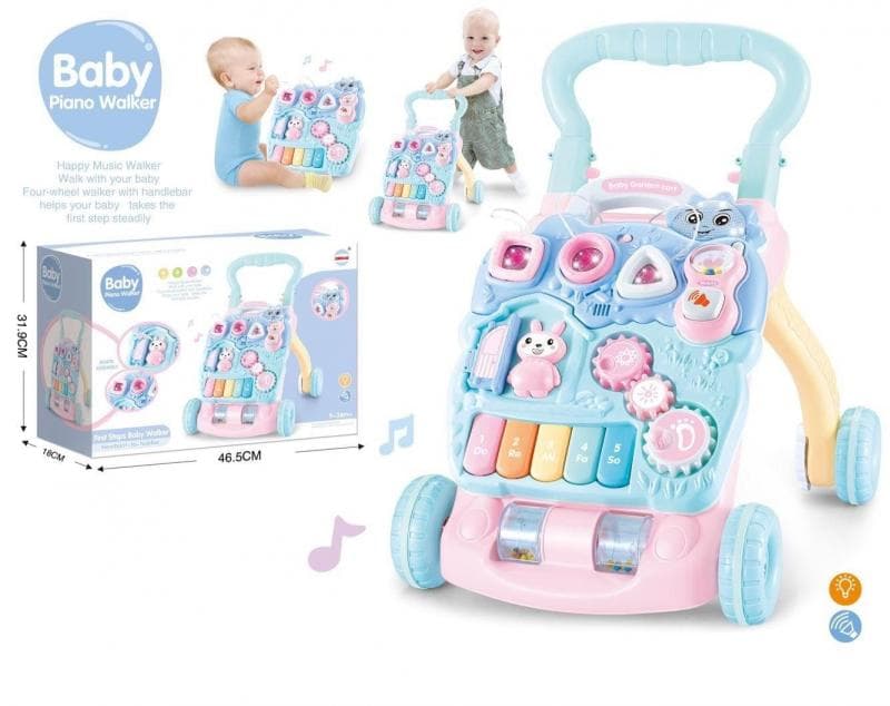 Antepremergator pentru copii MalPlay, cu panou educational detasabil, dimensiune 47 x 42 x 45 cm, Pink-Blue Bunny