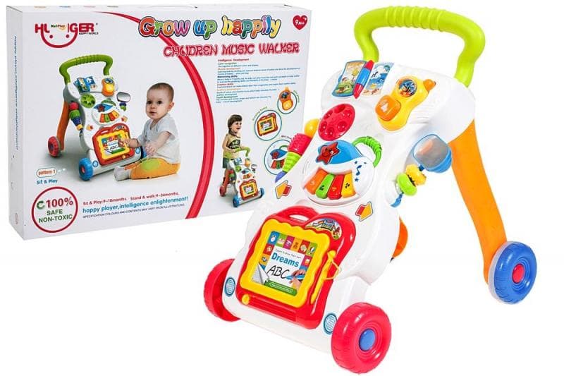 Antepremergator pentru copii, MalPlay, cu Pian, Telefon, Tabla magnetica de scris cu stilou, angrenaje rotative, 43 x 34 x 45 cm, Walker Pusher Multicolor