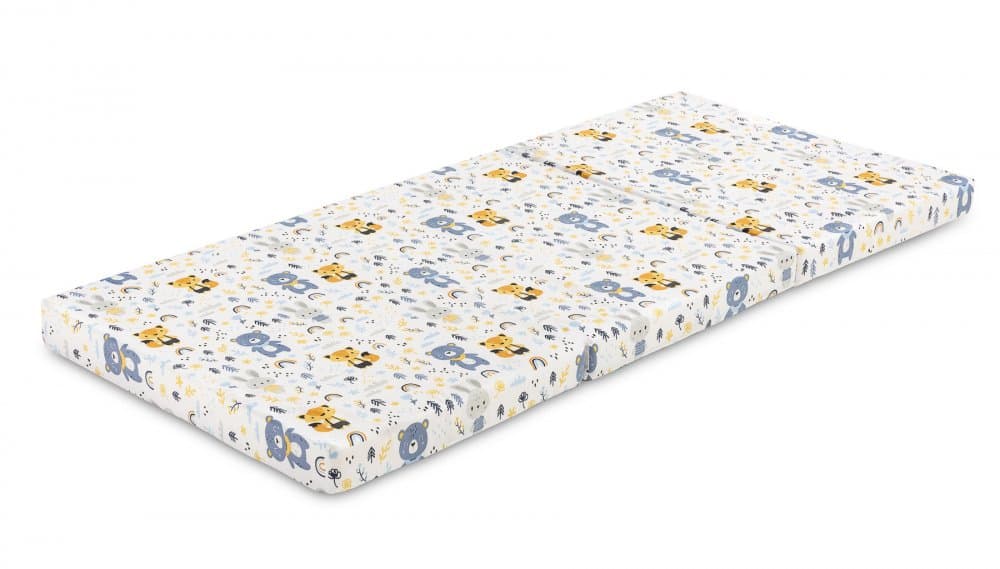 Saltea pliabila pentru patut copii Sensillo Forest Friends 120x60x5 cm,husa detasabila din bumbac,compatibila cu patuturi clasice si pliabile