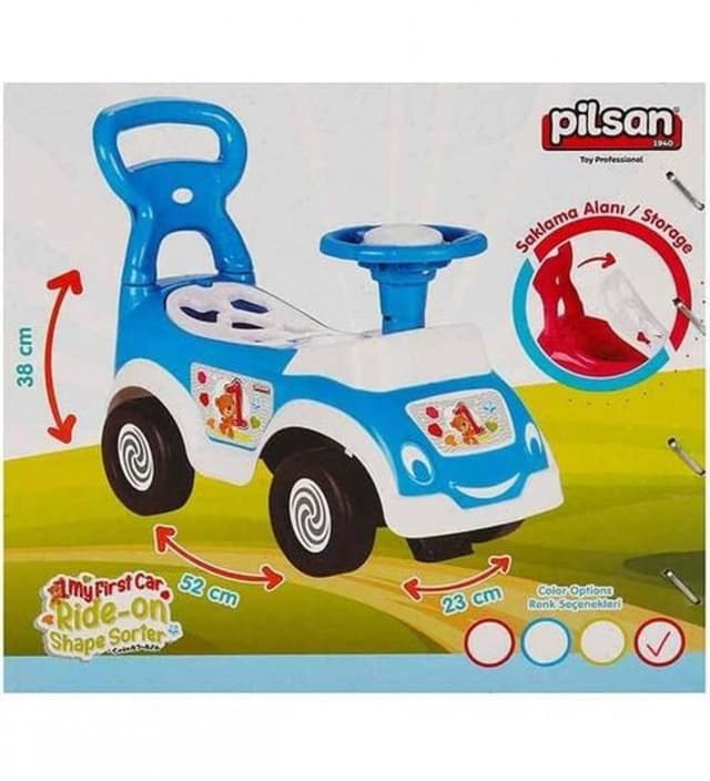 Masinuta pentru copii fara pedale Ride-On Pilsan Shape Sorter Car Blue, spatar cu functie de impingere, spatiu de depozitare sub sezut, 5 forme de sortat, greutate maxima admisa 20 kg
