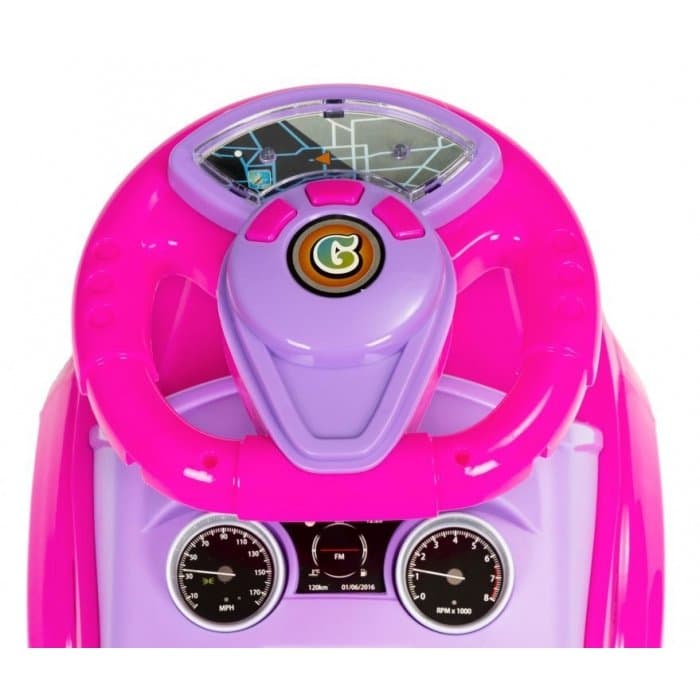 Masinuta pentru copii fara pedale Ecotoys 613W roz, spatar cu functie de impingere, spatiu pentru depozitarea jucariilor, volan cu melodii si claxon, potrivita copiilor de la 1 an