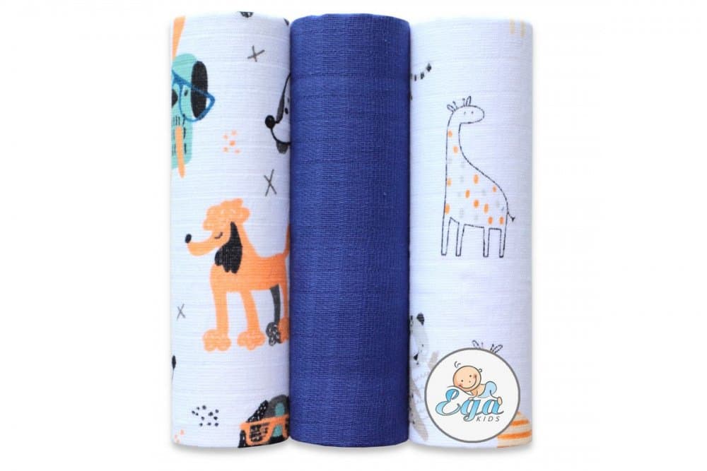 Set 3 scutece din muselina 70x80 cm model Albastru