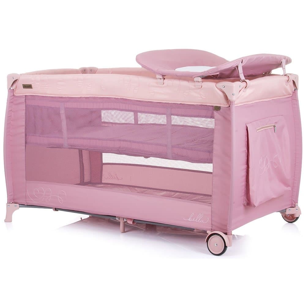 Patut pliabil Chipolino Bella rose water cu 2 nivele, intrare laterala cu fermoar, roti cu frane, accesorii incluse