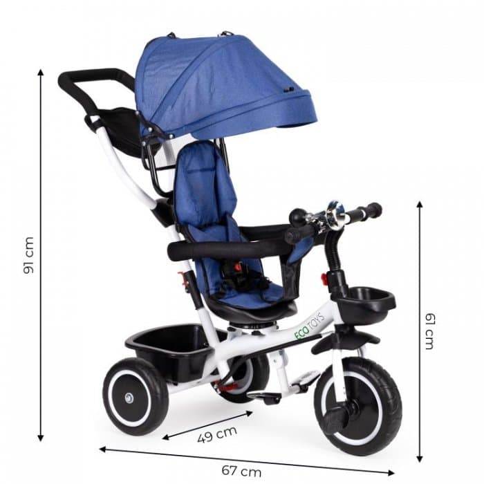 Tricicleta pentru copii Ecotoys Albastru pentru copiii intre 6 luni, roti din spuma eva,spatar cu husa moale si centura de siguranta in 5 puncte