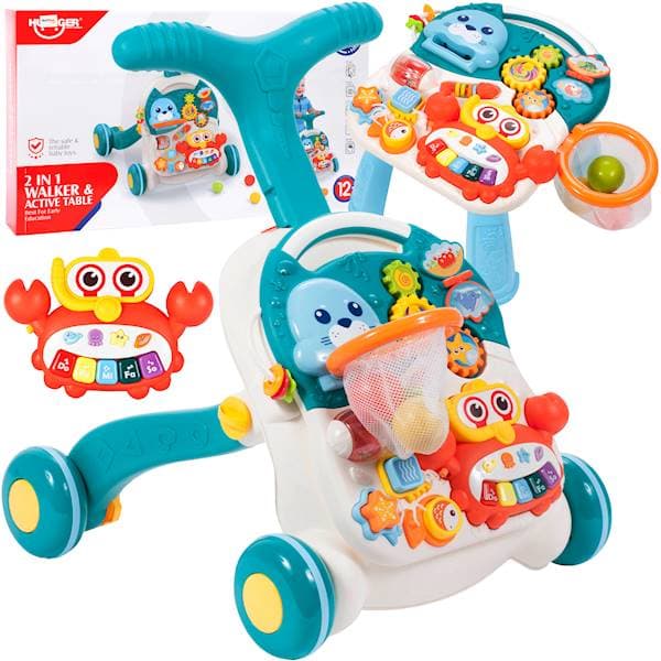 Antepremergator si Masuta de activitati, 2 in 1, cu Pian detasabil, Cos de baschet, 43 x 37 cm, Blue
