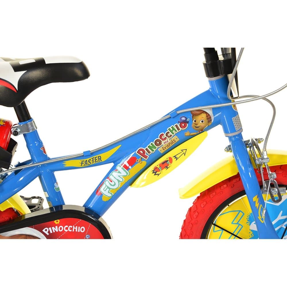 Bicicleta copii Dino Bikes Pinocchio 14 inch, varsta 4-7 ani, inaltimea 95-115 cm, frana de mana pe roata fataspate, pinion spate fix, roti ajutatoare detasabile, suport cu sticla de apa