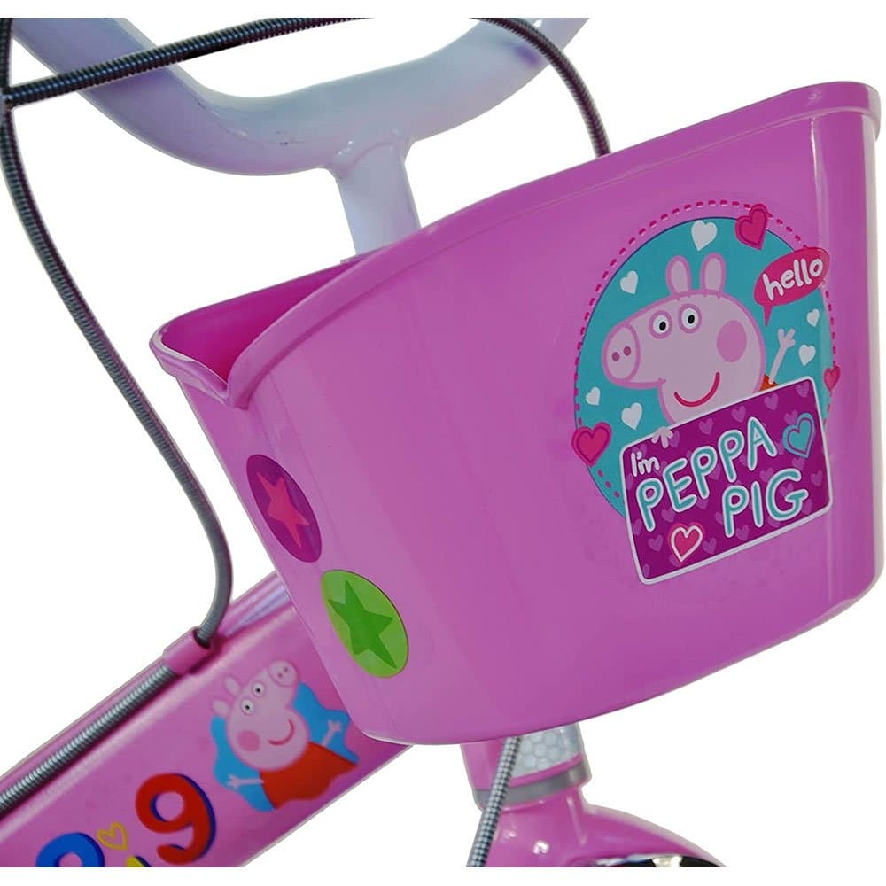 Bicicleta copii Dino Bikes Peppa Pig 16 inch, varsta 6-8 ani, inaltimea 107-125 cm, anvelope gonflabile, roti ajutatoare detasabile, frana de mana pe roata din fataspate,cos de depozitare in fata si scaun pentru papusa spate