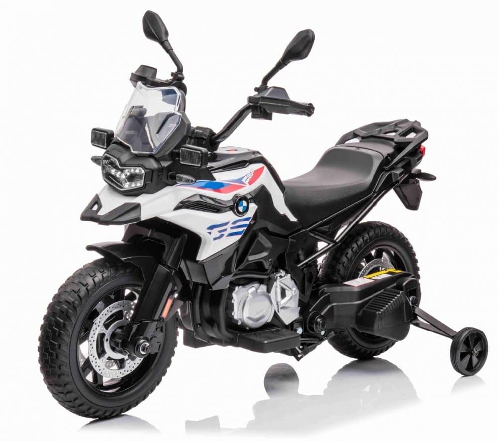Motocicleta electrica pentru copii BMW F850 White GS 90W 12V cu roti ajutatoare, pornire la buton, lumini, muzica si roti din spuma Eva