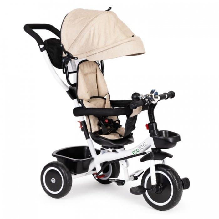 Tricicleta pentru copii Ecotoys Bej pentru copiii intre 6 luni, roti din spuma eva,spatar cu husa moale si centura de siguranta in 5 puncte