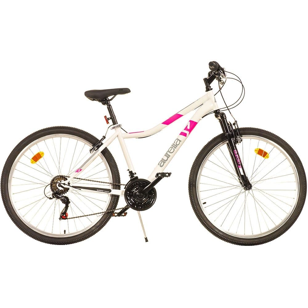 Bicicleta Dino Bikes 27.5 inch MTB Ring alb, pentru copii cu varsta de peste 12 ani si o inaltime de peste 160 cm, frana de mana pe roata fataspate, transmisie Shimano cu 18 viteze, suspensii la roata din fata, cric