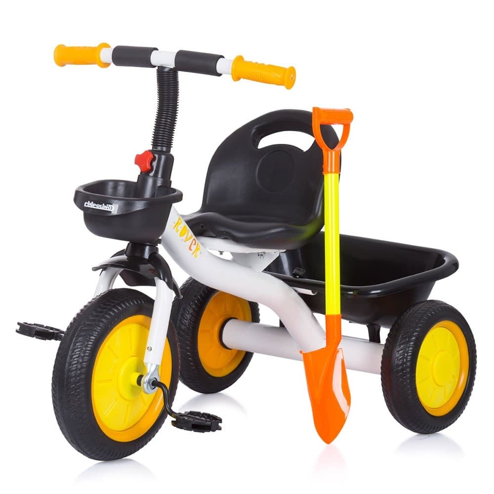 Tricicleta pentru copii Chipolino Rover yellow, cu sezut si ghidon confortabil, cos pentru accesorii, lopata de jucarie inclusa, pentru copii cu o greutate de pana la 25 kg
