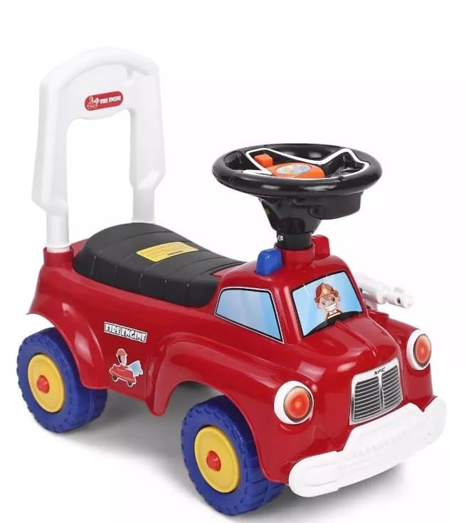 Masinuta pentru copii de pompieri Nicekids Fire Red, fara pedale, actionata cu picioarele, de la 12 luni, inaltime pana la sezut 24cm, volan cu sunete si lumini, spatar cu posibilitate de impingere, spatiu de depozitare