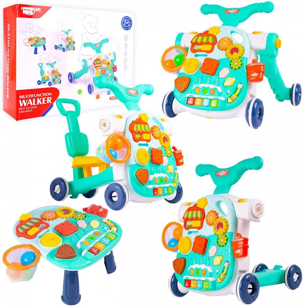 Antepremergator transformabil 4 in 1, cu roti antiderapante, inaltime reglabila, activitati interactive, Pian, panou detasabil si cos de Baschet,  43 x 44 x 47 cm