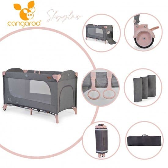 Patut Cangaroo SkyGlow Pink pliabil cu un nivel, usita cu fermoar, geanta transport, roti cu sistem de blocare