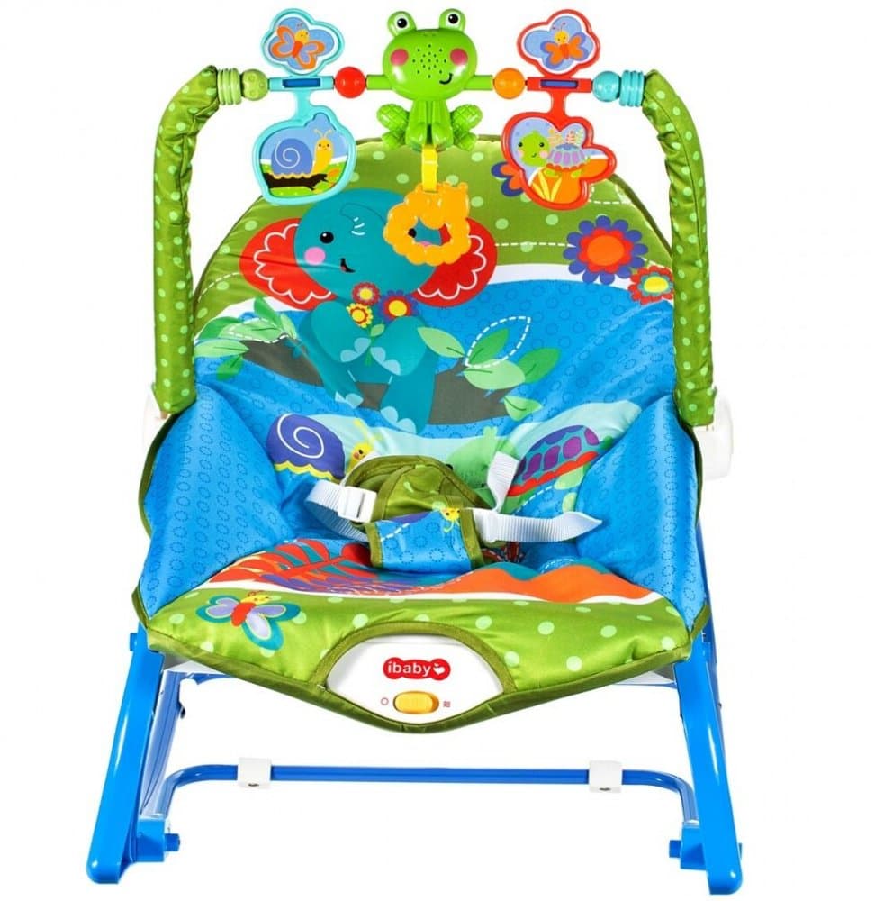 Balansoar multifunctional pentru copii Malplay Blue Elephant, pliabil cu vibratii, spatar reglabil in 2 trepte si bara de jucarii detasabila
