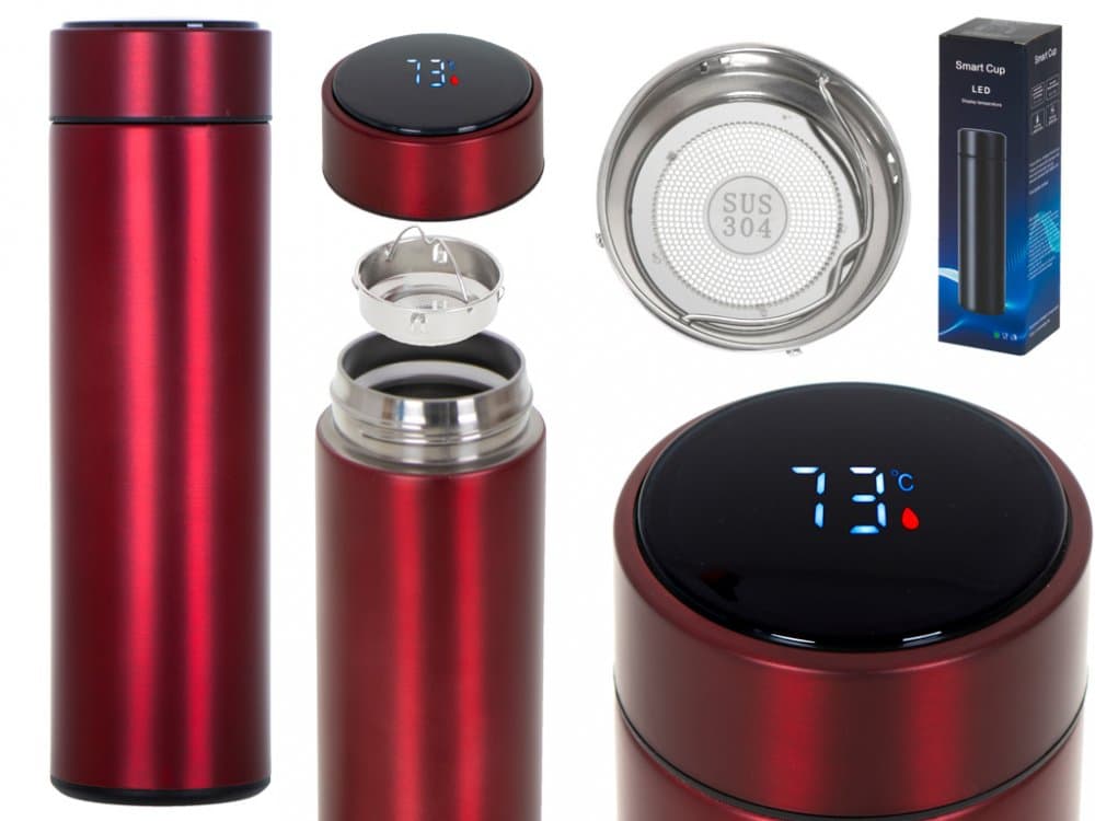 Cana termos smart, Ikonka, cu afisaj LED activat prin atingere, interior din otel inoxidabil, capacitate 500 ml, dimensiune 6.7 x 21.5 cm, Red