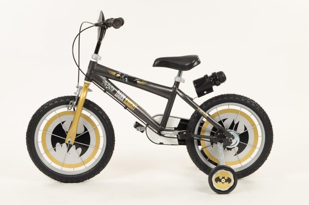 Bicicleta copii Toimsa Batman 16 inch, cu roti ajutatoare si sticluta de apa cu suport, de la 5 ani, inaltimea 110-120 cm, scaun si ghidon reglabile pe inaltime, scut frontal