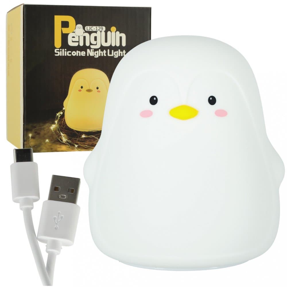Lampa de veghe din silicon cu LED multicolor RGB, baterie reincarcabila de 1200 mAh prin cablu USB, dimensiune 9 x 16.6 x 11 cm, White Pinguin